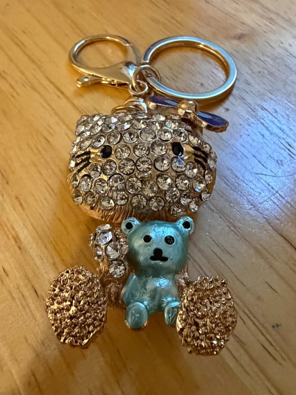 Hello Kitty Rhinestone Teddy Bear Gold Tone Keychain Bag Charm